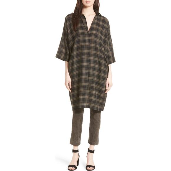 Vince Plaid Easy Pullover Cotton Cocoon Shirt Dress Small Green Lagenlook - Picture 2 of 13